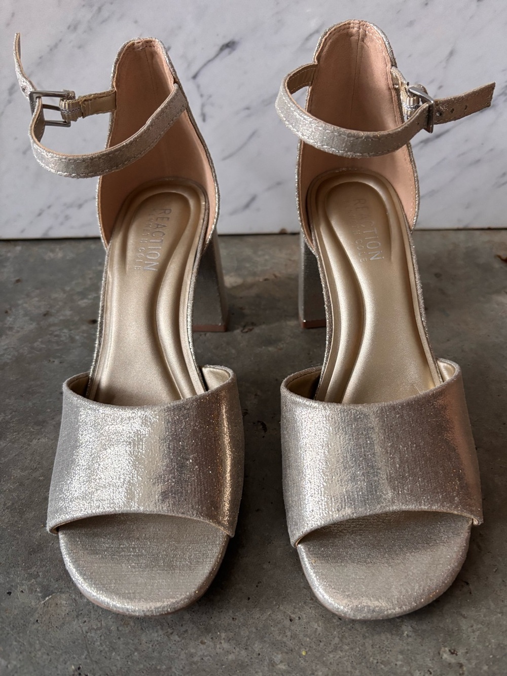 New! Reaction Kenneth Cole metallic champagne gold Block Heel Ankle Strap Sandal